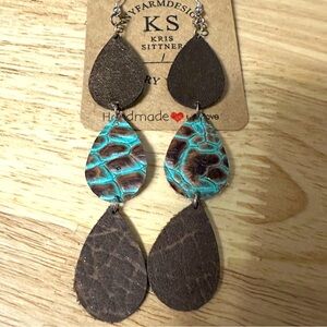 Trio teardrop leather earrings handmade